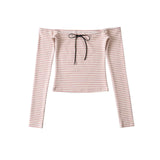 Sweet Sister Summer Design Feeling A Word Shoulder Striped Strapped Bottom Shirt Women Autumn Long Sleeves And Shoulders To Put On A Top