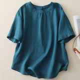 Vintage Weaving Cotton Shirt Femininity Wooden Collar Shirt Summer Short-Sleeved Top