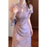 New Chinese Style Young Girl Cheongsam 2025 New High-End Exquisite Flower Hollow Purple Dress