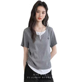 The New Korean Wearing A Casual Short-Sleeved T-Shirt U-Necked Two-Set Set Splicing Design Ribs Women's Summer Top