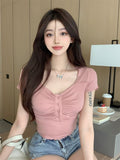 Summer Sweet Hottie Sexy Square Collar Short-Sleeved T-Shirt Women's Design Sense Of Small Slimming Short Top