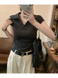 Hottie Sexy Slimming Shoulder T-Shirt Girl Short Sleeve Design Irregular Folds Short Polo Shirt Top