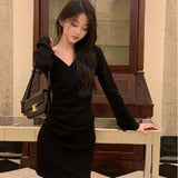 Purely Podiaced Babes V-Necked Long-Sleeved Dress Women's Autumn And Winter Folding Folding Waist-Buffed Short Skirt