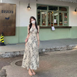 Vintage Ink Painting Print V-Neck Sleeveless Dress Women's Summer Sweet Style Temperament A Word Long Dress