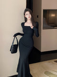 Pure-Style French Sexy Collar Long-Sleeved Dress Women Autumn And Winter New Body-Repair Hot Girl Bag Hip Fishtail Long Dress
