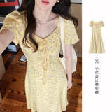 French Lotus Side Bubble Sleeve Yellow Broken Flower Dress Dress Women's Summer 2025 New Design Feeling Waist Skirt