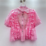 Heavy Industry Nail Beads Diamond Glide Design Sweet Wood Ear Lace Splicing Hook Hollow Short Lace Shirt Woman