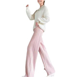 KANING Tight Waist Knitted Broad Leg Pants Women 2026 Autumn New High-Waist Design Feeling Solid Color Knitted Wool Trousers