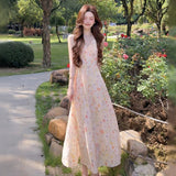 Temperament Sweet Wind Slings Broken Flowers V-Neck Dress Women Summer To Open Shoulders High A-Character Dress