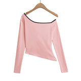 Personality Hottie Autumn New Printed Collared Shoulder Bumpy Long-Sleeved T-Shirt Collared Asymmetrical Collar