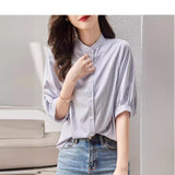2026 Summer New Five-Sleeve Casual Temperament Striped Shirt Women Short Sleeve Loose Thin Round Collar Shirt