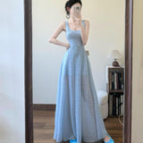 Fang Collar Blue Gentle Wind Sling Dress Women Summer Seaside Holiday Temperament Thin Small Long Skirt
