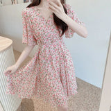 French Temperament Sweet Wind And Broken Flowers V-Neck Dress Women's New Summer Design Sense Slimming A-Word Skirt Tide