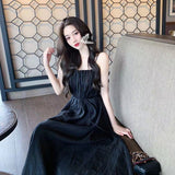 Pure Lusty Pure Color Slings Folding Dress Light Luxury High-End Women Summer Super Fairy Temperament Waist A Word Long Dress