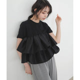 Real Shooting A Large Number Of Summer New Double-Layer Lotus Edge Spliced Women's Black And White Cotton Tops