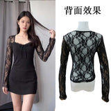 Sexy Babes Lace Splicing Collar Long-Sleeved T-Shirt Girl Summer New Slimming Inside And Outside To Put On The Tide