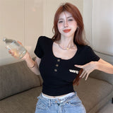 Summer Pure Style Sexy Button U Collar Short-Sleeved T-Shirt Design Design Slimming Chic Top