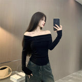 Sexy Hottie Velvet Wrinkled Body Shoulder Bottom Top Girl Spring And Autumn Pure Desire To Play Bottom Long-Sleeved T-Shirt