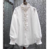 Three-Dimensional Nail Bead Flower Shirt Female Heavy Industry 2025 Early Spring New French Lotus Edge Splicing Long Sleeve Collar Top