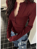 Pure Hot Girl Wine Red V Long Sleeves With A Bottom Shirt Girl Spring And Autumn Body Tight Shoulder T-Shirt Short Shirt