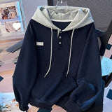Autumn And Winter New Korean Version Of Lazy Loose Thin Single Buckle Design Sense Hooded Long-Sleeved Top