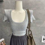 Ins Pure-Breining Style Short Sleeves And U-Necked Short-Sleeved T-Shirt Women's Collarbone Low-Chest Short-Sleeved Topess
