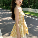 Summer Dopamine Yellow Lattice Hanging Neck Bare Shoulder Clothes Irregular High-End Feeling Waistless Sleeve Sleeve Sling Shirt