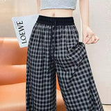 Summer Leisure Style Thin Lattice Pocket Loose Broad Leg Pants Fashion Women's Hanging Trousers Korean Version Of Drawstring Drag Trousers