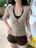 Korean Sweet T-Shirt Girl Summer New Two Strapped Hanging Neck Sling Design Snowflake Bamboo Cotton Blouse