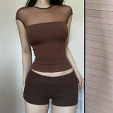 Vintage Mesh Splicing Round-Neck Short-Sleeved T-Shirt Girl Summer New Hot Girl Style Slimming Top