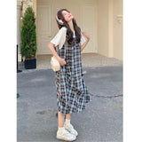 Fake Two Lattice With A Dress Woman Summer Giant Good-Looking College Wind Leisure Relaxed Age-Covered Thin Skirt