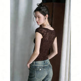 Sexy Hottie Lace Splicing Shoulder Short-Sleeved T-Shirt Girl Summer New Slimming Short-Term Umbilly Blouse Tide