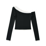 Autumn New Female Hottie Sexy Oblique Shoulder Knock Two Scratch-Ragged Shirt Long-Sleeved T-Shirt