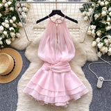 Vietnamese Wrinkled Flowers High-Grade Feeling Small White Skirt Milk White Ponbo Pearl Hanging Neck Skirt Temperament Goddess