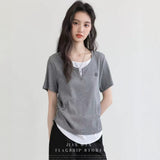 The New Korean Wearing A Casual Short-Sleeved T-Shirt U-Necked Two-Set Set Splicing Design Ribs Women's Summer Top