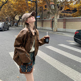 2026 Spring And Autumn New Vintage Curry Leather Coat Women's Old Money Winded Maillard Jacket Locomotive Shirt