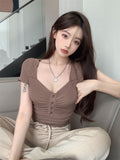 Sweet And Spicy Style Sexy Breast-Collar Short-Sleeved T-Shirt Women's Summer Design Folds Slimming Short Top