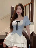 French Chic Sweet Babes Design Small Women's Summer Bows And Coloring Short-Sleeved Shirt Slim Top