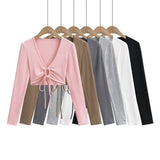 Spice Girls Spring Ultra-Deep V Rope With Long Sleeve T-Shirt Shawl Short Coat Top