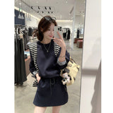 Crash Striped Shawl Folded Through The Korean Loose Long-Sleeved Edgy High-Waisted Rope Half-Dress Women's Early Autumn Two Sets Of Tide