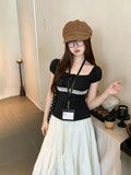 Korean Version Of The Sweet Storm Point Square Collar Bubble Sleeve Shirt Women Summer New Bow Decoration Slim Thin Blouse