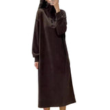 Autumn And Winter Commute Wind Solid Color Button High-Collar Dress Women Loose Waist Cover Meat Age Over The Knee Long Clock Dress