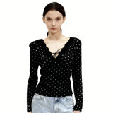 Fashion Hottie Sexy Lace Side Splicing Long-Sleeved T-Shirt Girl Spring Design Slimming Thin Bottom Shirt Top