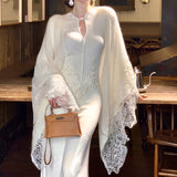 [Porcelain Flower] New Chinese Retro Buckle Cheongsam Dress With Soft Knitted Cardigan Dress