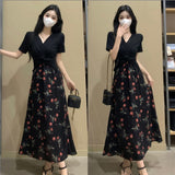 Large-Size Tea Break French Dress Xia Heben Style Two Broken Floral Skirt Fat MM Waist Show Thin Skirt