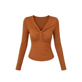 Korean High-End Kinesy V-Neck Thread Long-Sleeved T-Shirt Women's 2026 New Early Autumn Repair Bottom Shirt Top
