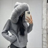 KANING Imitation Fox Fur Collar Knitted Cardigan 2026 Autumn And Winter New Hooded Double Zipper Short Coat Woman