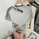 Apricot Design Hollow With Knitted Short-Sleeved Women's Summer New Slimming Ice Silk Knitted Shirt Thin Top
