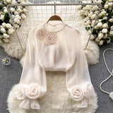 French Shirt Female Design Sense Small Three-Dimensional Flower Bubble Sleeves To Reduce The Age Of Pure Color Chiffon Shirt Women's Long-Sleeved Top