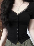 Pure-Want-Style Sexy V-Neck Lace Spliced Short-Sleeved T-Shirt Woman 2026 Summer New Hottie Slim Top